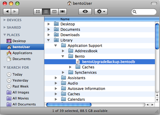 Illustration of Bento folder in Finder with bentoUpgradeBackup file highlighted