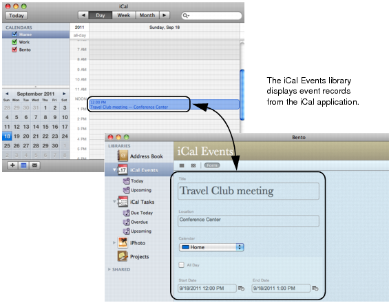 Illustration showing iCal application and iCal Events library