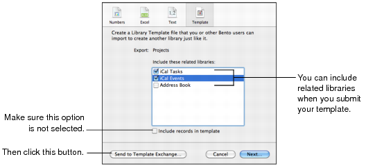 Export library template dialog for submitting a template to the template exchange
