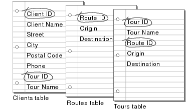 Fields identified as match fields in the Clients table, Routes table, and Tours table