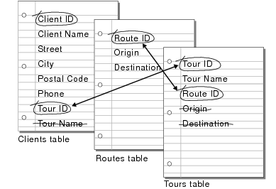 Match fields for the Clients and Tours tables; match fields for the Routes and Tours table