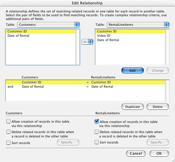 The Edit Relationship dialog box, showing the properties of the relationship between the Customers table and the RentalLineitems table.