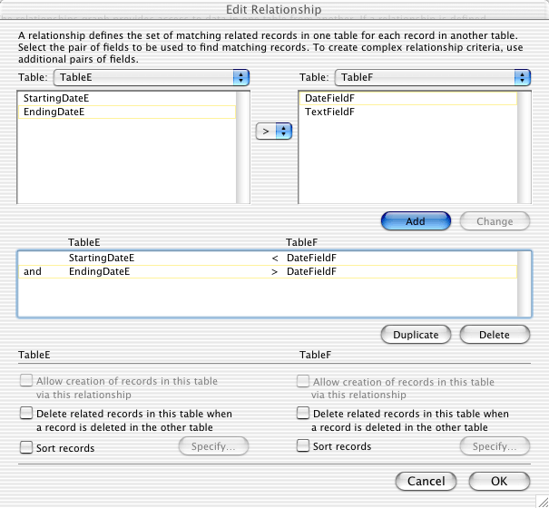 The Edit Relationship dialog box, showing the properties of a relationship that will return a range of records.