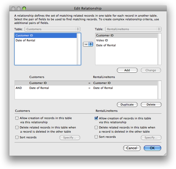 The Edit Relationship dialog box, showing the properties of the relationship between the Customers table and the RentalLineitems table.