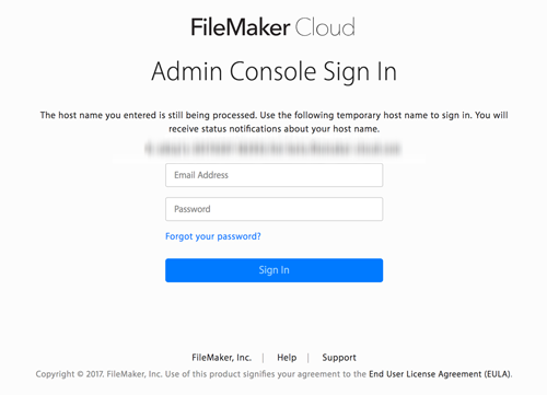 FileMaker Cloud - Seite „Temporärer Hostname“