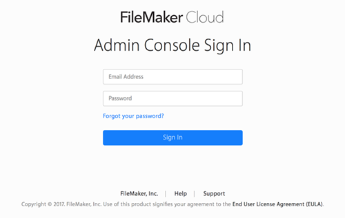 FileMaker Cloud - Page de connexion de l'Admin Console