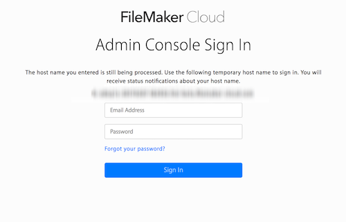 FileMaker Cloud - Seite „Temporärer Hostname“