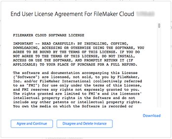 FileMaker Cloud - End User License Agreement dialog box