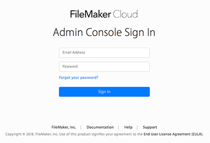 FileMaker Cloud - Page de connexion de l'Admin Console