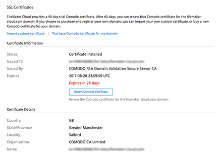 Page des certificats SSL