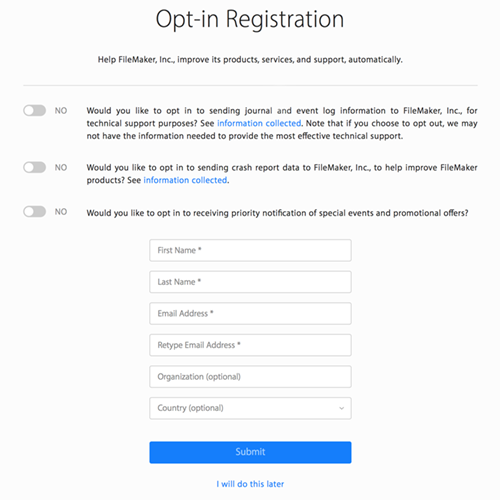 FileMaker Cloud - Opt-in Registration ページ
