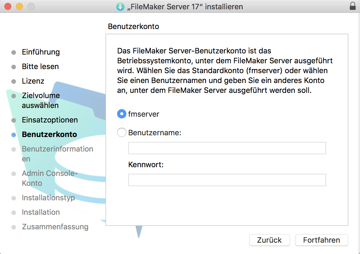 Installationsseite für die Auswahl des Betriebssystemkontos, unter dem FileMaker Server ausgeführt wird