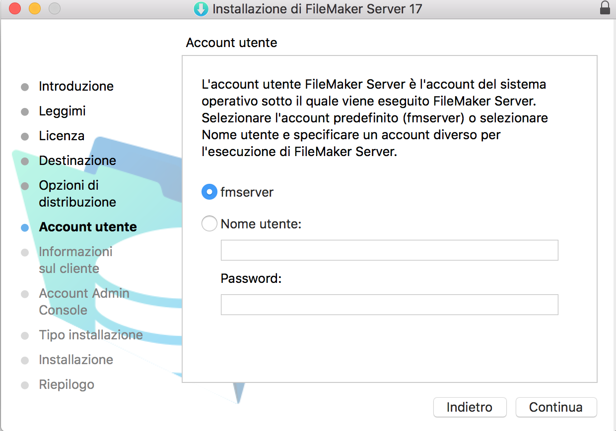 Pagina del programma di installazione per selezionare l'account del sistema operativo con cui viene eseguito FileMaker Server