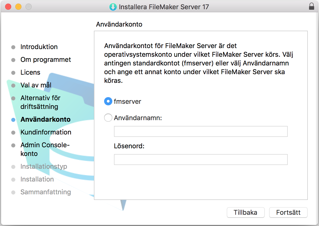 Sida i installationsprogrammet för att välja under vilket operativsystemskonto FileMaker Server ska köras