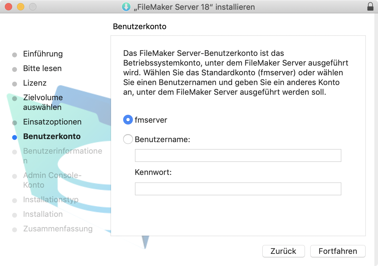 Installationsseite für die Auswahl des Betriebssystemkontos, unter dem FileMaker Server ausgeführt wird