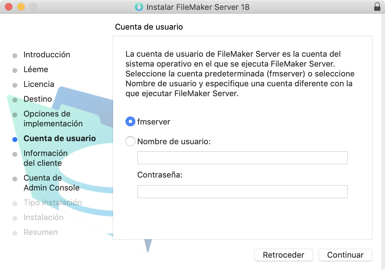 Página del instalador que permite seleccionar la cuenta del sistema operativo en la que se va a ejecutar FileMaker Server