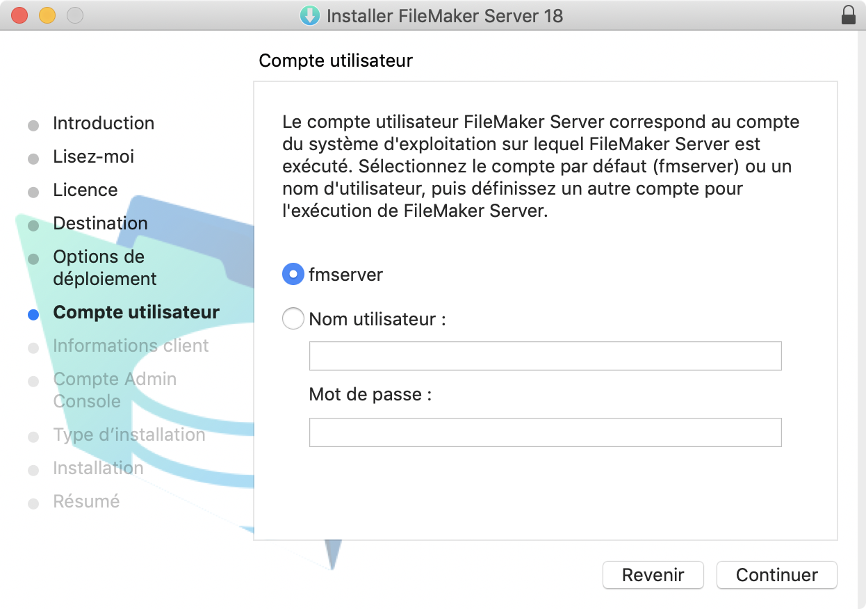 Page du programme d'installation servant à sélectionner le compte du système d'exploitation sous lequel FileMaker Server s'exécute