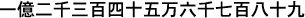 Japanischer Text mit arabischer Zahl "123456789" mit Zahl als Kanji-Trennzeichen an der Zehner-, Hunderter-, Tausender-, Zehntausender und Millionenstelle