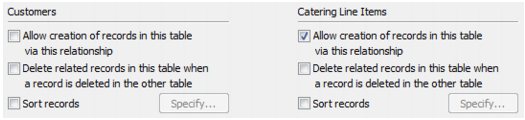 Section of the Edit Relationship dialog box showing the Allow creation of records in this table via this relationship option selected