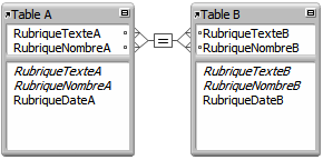 Deux tables avec des lignes entre quatre rubriques présentant un lien à un plusieurs critères