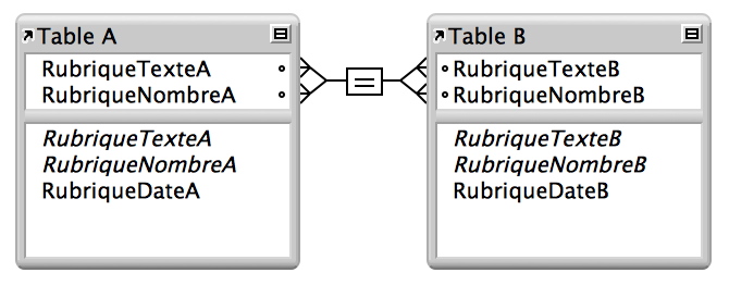Deux tables avec des lignes entre quatre rubriques présentant un lien à un plusieurs critères