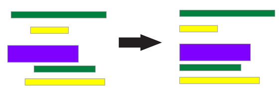整列していない不揃いの間隔と均等配置のオブジェクトの例