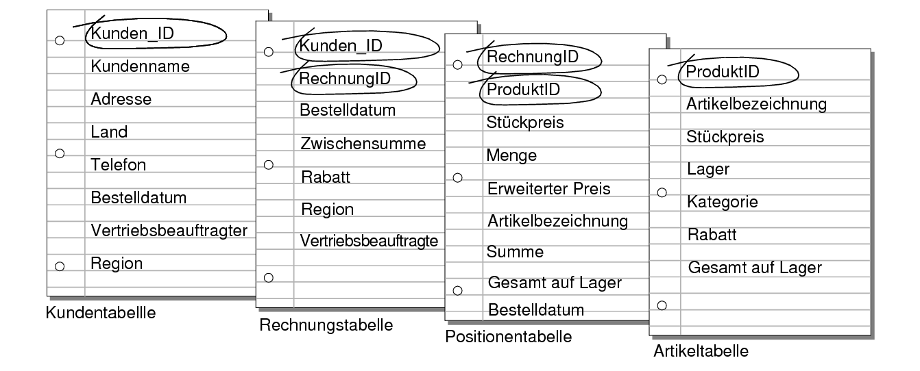 Vergleichsfelder in den Tabellen "Kunden", "Rechnungen", "Catering-Positionen" und "Produkte"