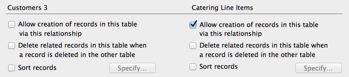Section of the Edit Relationship dialog box showing the Allow creation of records in this table via this relationship option selected