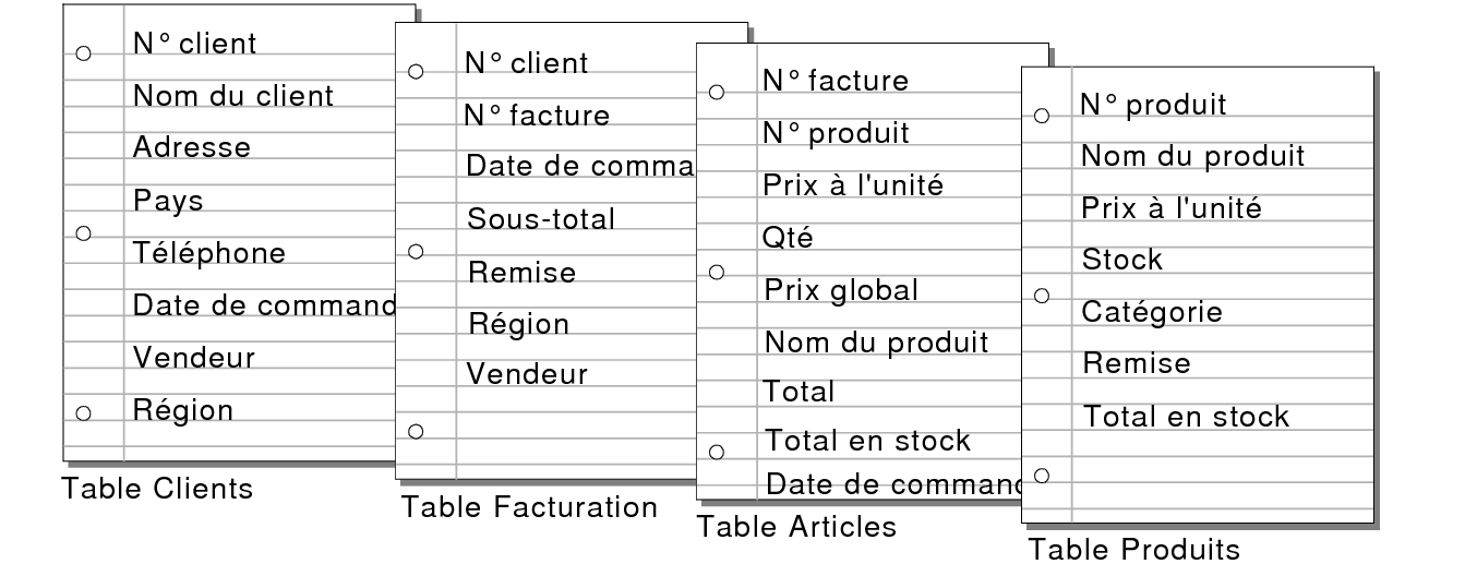 Rubriques dans les tables Clients, Facturation, Articles et Produits