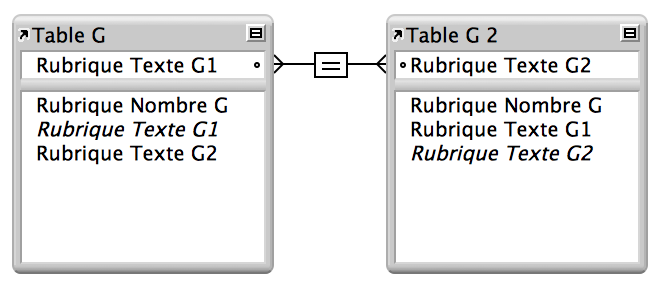Deux occurrences de la même table avec un trait entre les rubriques présentant un lien interne