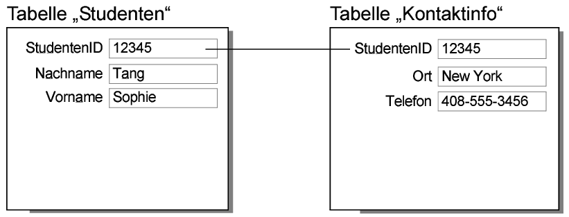 Datensätze in den Tabellen „Studenten“ und „Kontaktinfo“ mit dem Ergebnis einer 1:1-Beziehung