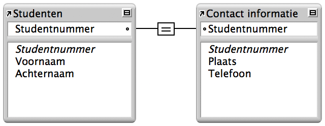 Tabellen ‘Studenten’ en ‘Contactgegevens’ met een één-op-één-relatie ertussen