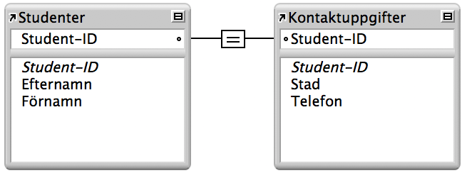Studenttabellen och tabellen med kontaktinformation med en relation av typen en-till-en mellan dem