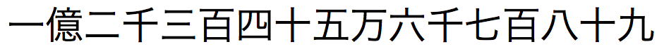 Japanischer Text mit arabischer Zahl 123456789 mit Zahl als Kanji-Trennzeichen an der Zehner-, Hunderter-, Tausender-, Zehntausender- und Millionenstelle