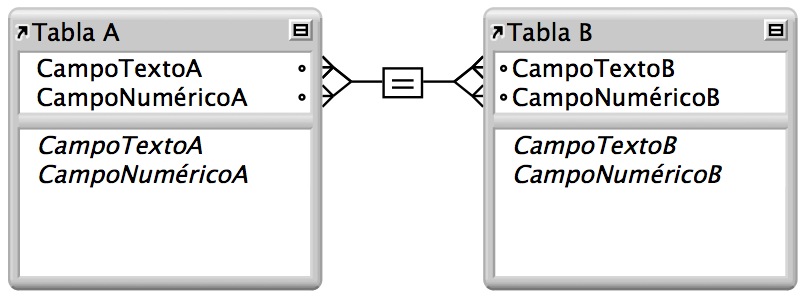Dos tablas con líneas entre cuatro campos que muestran una relación de varios criterios